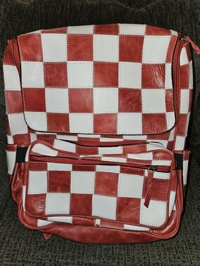 Red and White Checkered Genuine Leather Backpack